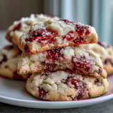 Freshly baked Soft Chewy Raspberry Sugar Cookies arranged on a wire rack, with a bowl of raspberries and a cup of coffee nearby.
