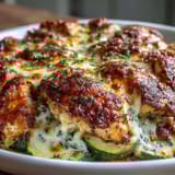 A slice of the High Protein Chicken Zucchini Bake reveals creamy Greek yogurt and egg layers with tender chicken and zucchini in a serving dish.