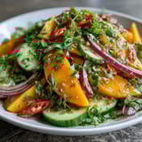 A close-up view of the Refreshing Mango Salad with Lime Dressing highlights juicy mango strips, crisp red onion, and fresh cilantro, ready for a light vegetarian lunch.
