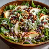 Vibrant Mixed Greens and Apple Bowl salad with crisp apple slices, crunchy walnuts, and creamy feta cheese tossed in a tangy cider vinaigrette.  