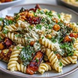 An overhead shot of a Chickpea Pasta Bowl with fork-twisted noodles and a generous drizzle of creamy tahini sauce.