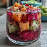 Vibrant mango dragonfruit refresher with frozen fruit cubes and lime, served over ice for a refreshing tropical beverage.