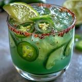 Viral Pickle Margarita Mocktail with spicy jalapeño rim served on a rustic table.