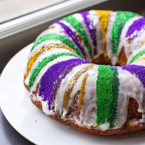 This close-up shows a freshly baked King Cake, featuring colorful sugar and a sweet aroma.