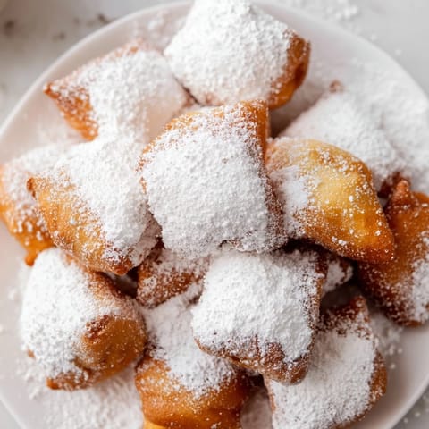 Freshly fried beignets stacked, ready to eat, the fluffy dough a perfect contrast with the sweet topping.