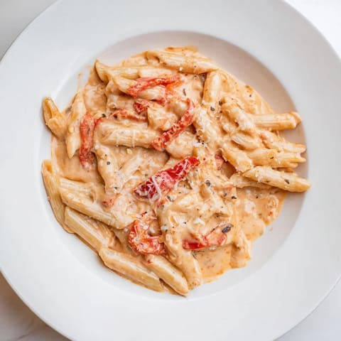 A close-up of creamy Cajun pasta, penne coated in a spicy sauce, topped with grated Parmesan and parsley.
