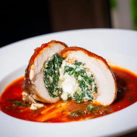 Tender chicken breasts sliced open to reveal a creamy filling of ricotta, fresh spinach, and Parmesan cheese.  