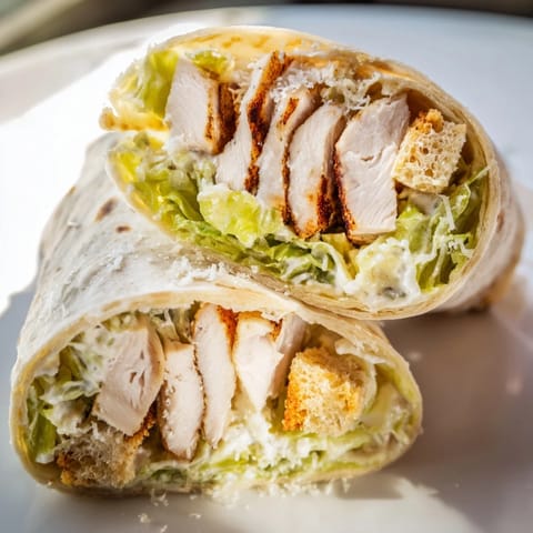 Freshly made Caesar Chicken Salad Wrap on a wooden board, filled with crunchy romaine, croutons, and parmesan, ready to eat for a quick lunch.