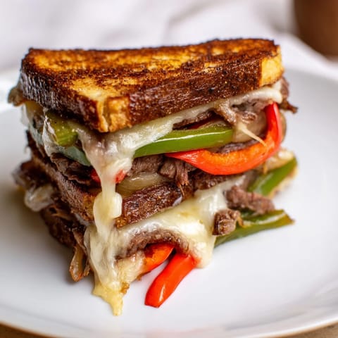 A close-up of a Philly Cheesesteak Grilled Cheese, showcasing the tender steak and gooey cheese layers.