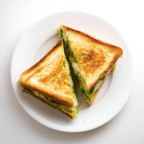 A close-up of golden, crispy sourdough slices revealing melted mozzarella and vibrant green pea pesto inside the Spring Pea Pesto Grilled Cheese.  