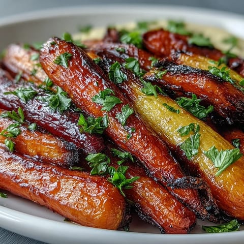 Vibrant platter of caramelized rainbow carrots alongside a smooth homemade hummus for a healthy snack.  