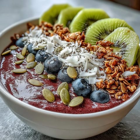 Bright pink Beet and Berry Smoothie Bowl topped with granola, sliced kiwi, and fresh berries for a crunchy texture.
