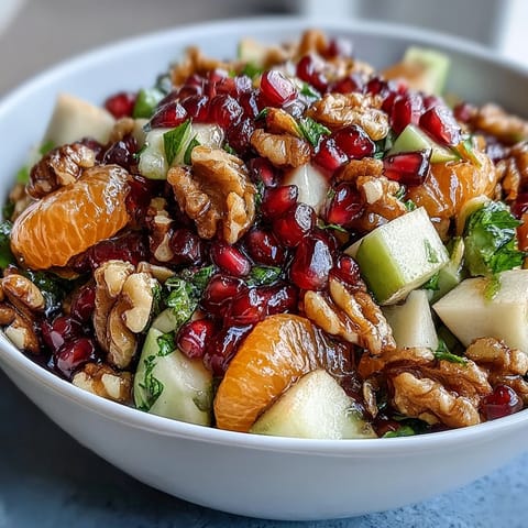 A vibrant bowl of Pomegranate and Walnut Salad with jewel-like seeds, crisp apple slices, and toasted nuts glistening with lemon dressing.