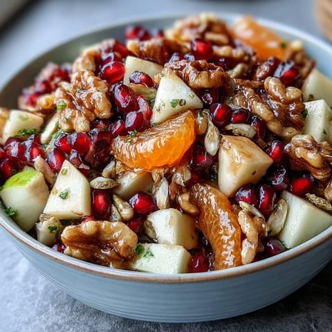 Freshly tossed Pomegranate and Walnut Salad featuring orange segments, diced pear, and crunchy pumpkin seeds on a rustic kitchen counter.
