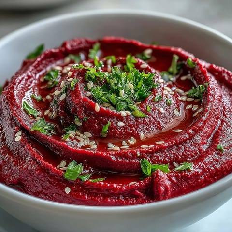 Bright pink Roasted Beet Hummus in a white bowl with a swirl of olive oil and fresh parsley garnish.