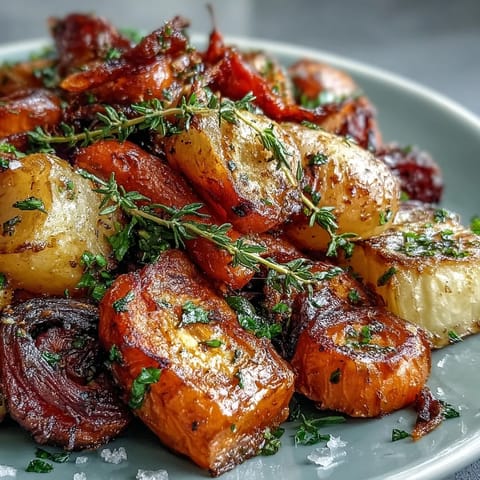 Golden roasted root vegetables including carrots, parsnips, and beets glistening with herbs on a baking sheet.