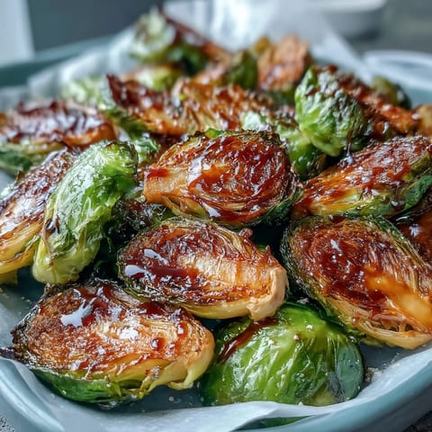 Golden roasted Brussels sprouts with balsamic glaze on a rustic wooden table.  
