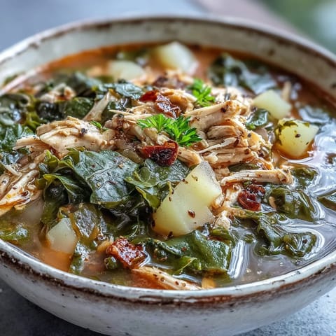 A steaming bowl of Collard Greens, Chicken and Vegetable Soup featuring hearty potatoes, vitamin-rich greens, and shredded chicken, perfect for a nourishing family dinner.