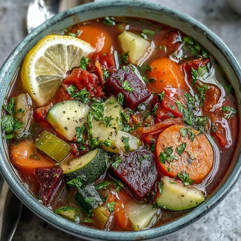A steaming bowl of vibrant Rainbow Vegetable Detox Soup features bright red beets and orange carrots in a rich broth.