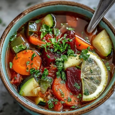 Freshly chopped zucchini, green pepper, and tomatoes garnish this healthy, vegan Rainbow Vegetable Detox Soup for a light meal.
