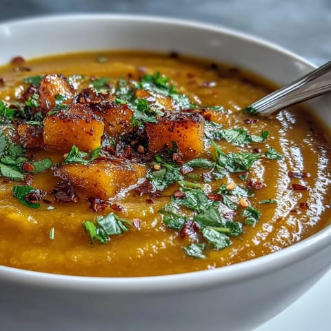 Vibrant orange butternut squash and lentil soup served in a rustic ceramic bowl, steam rising warmly. 
