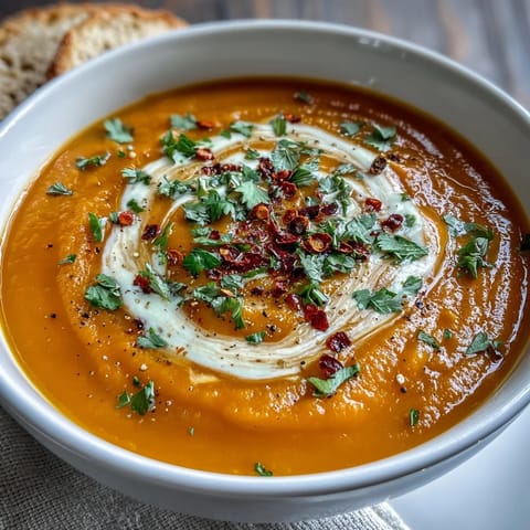A warm bowl of Carrot, Celeriac and Chilli Soup garnished with fresh cilantro and a coconut yogurt swirl.