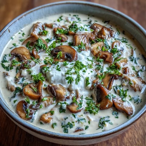 A close-up of Creamy Mushroom Stroganoff Soup in a rustic bowl, garnished with fresh parsley and a dollop of sour cream, steaming gently.  
