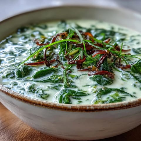 Garnished bowl of aromatic spinach coriander lemongrass soup with chili slices, served hot as a comforting vegan meal.