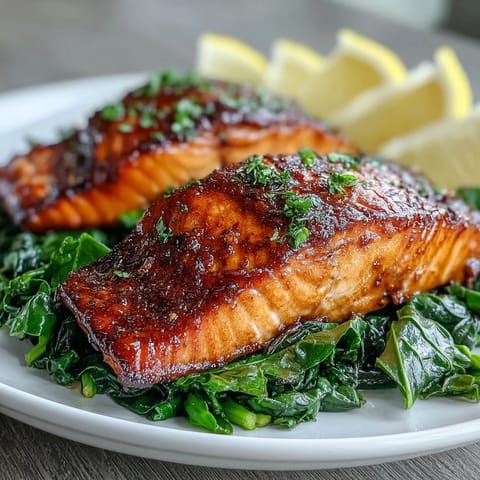 Golden-brown, extra-crisp Air Fryer Salmon and Swiss Chard plated with fresh lemon wedges and sautéed greens.