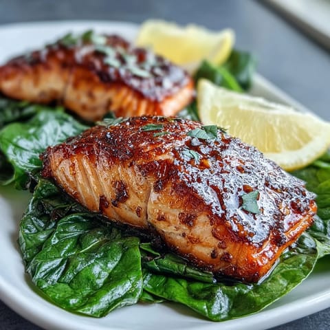 Air Fryer Salmon and Swiss Chard with crackling skin resting atop tender garlicky Swiss chard leaves.