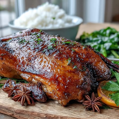 Perfectly carved Five-Spice Roast Ducks served alongside fluffy jasmine rice and vibrant stir-fried greens.