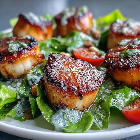 Elegant, restaurant-quality seared scallops with escarole salad and pesto vinaigrette, plated for four as a quick gluten-free main dish.