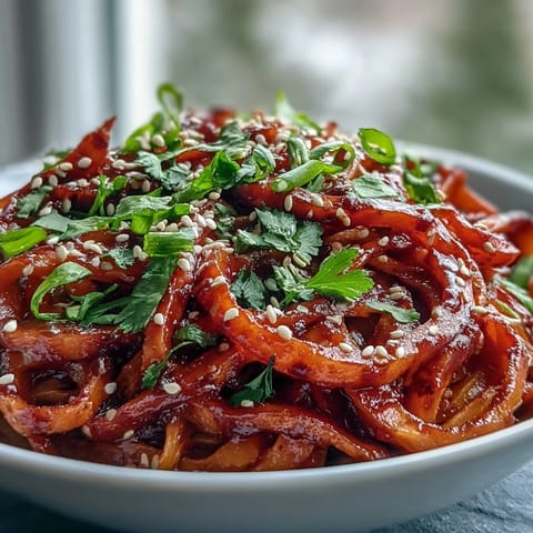 Golden roasted swede ribbons mingle with tender rice noodles in this Gochujang Swede Noodles, tossed in a vibrant, spicy-sweet sauce.