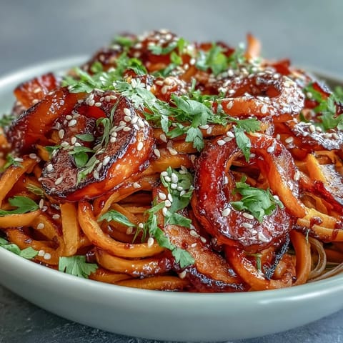 Hearty Gochujang Swede Noodles feature roasted rutabaga and crisp vegetables, drizzled with a bold Korean-inspired dressing for a satisfying meal.