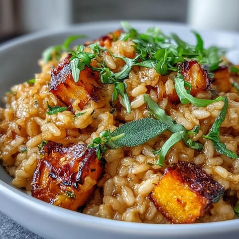 Creamy Vegan Pumpkin Risotto topped with golden roasted pumpkin cubes and aromatic crispy sage leaves served in a rustic white bowl.
