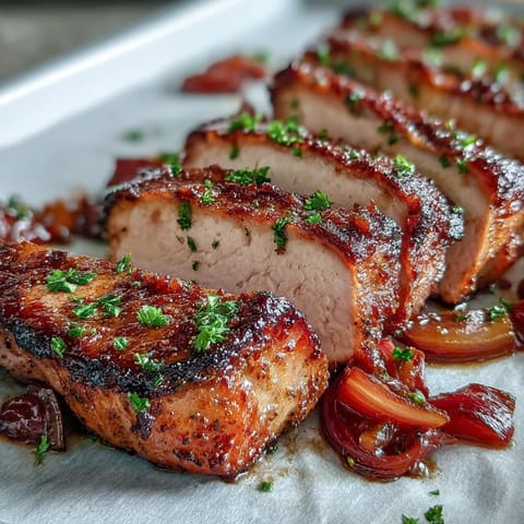 Golden roasted pork shoulder with sweet and tangy rhubarb chunks, garnished with fresh parsley for a vibrant weeknight dinner served family-style.