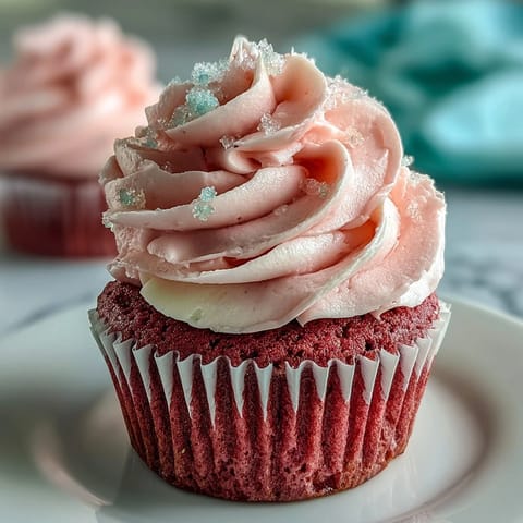 Freshly baked Pink Velvet Cupcakes with vanilla buttercream frosting, piped into elegant swirls on a pastel background.  