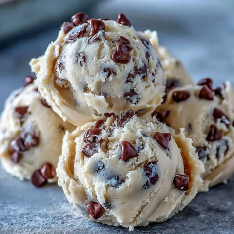 A close-up of creamy Greek Yogurt Cookie Dough scoops studded with mini chocolate chips, ready to eat chilled.