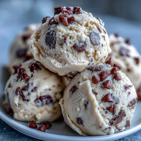 A hand holding a scoop of Greek Yogurt Cookie Dough with a bite taken out, revealing a rich, buttery texture.