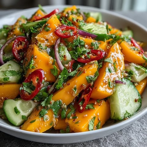Vibrant slices of ripe mango, red bell pepper, and cucumber are tossed in a glistening lime-honey dressing, flecked with cilantro and chilies, creating this Refreshing Mango Salad with Lime Dressing.