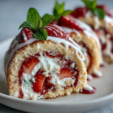 Golden crepes wrapped around airy sponge cake, fresh strawberries, and fluffy whipped cream in a vibrant Strawberry Shortcake Sushi Roll dessert pinwheel.
