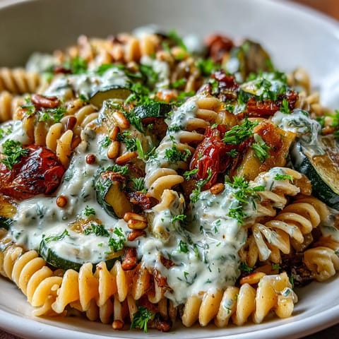 A close-up view of a colorful Whole Wheat Pasta Bowl, featuring al dente whole wheat penne tossed with roasted zucchini, bell peppers, and cherry tomatoes in a creamy white bean sauce.
