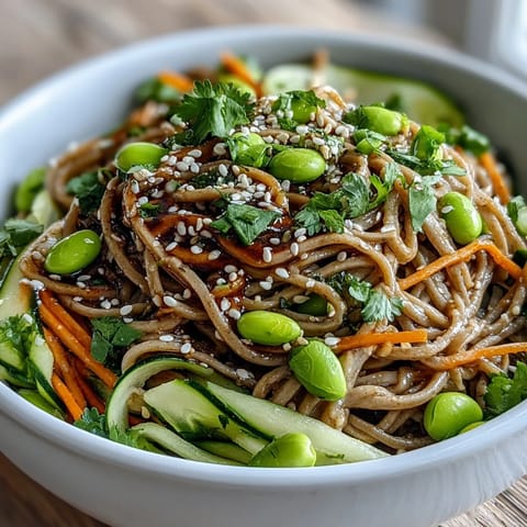 This chilled Soba Noodle Bowl features chewy buckwheat noodles and vibrant vegetables, perfect for a refreshing, nutritious lunch.