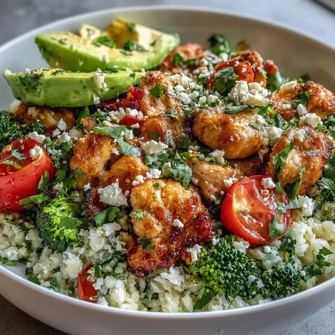 A vibrant Cauliflower Rice Bowl topped with seasoned chicken, crisp bell peppers, and fresh avocado slices.
