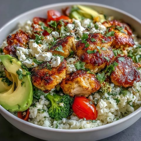Healthy Cauliflower Rice Bowl featuring golden chicken, roasted broccoli, and bright cherry tomatoes for a low-carb meal.
