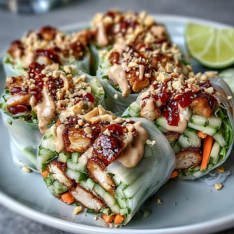 Deconstructed Rice Paper Roll Bowl with crisp vegetables and creamy peanut sauce drizzled over the top.