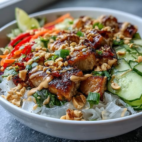 Colorful Rice Paper Roll Bowl featuring grilled tofu, fresh herbs, and a rich, glossy peanut drizzle.