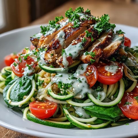 A vibrant Spiralized Vegetable Bowl with zucchini and sweet potato noodles topped with grilled chicken and tahini sauce.
