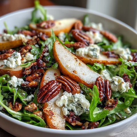 Fresh arugula and sliced pears topped with creamy goat cheese and crunchy toasted walnuts in a rustic bowl.