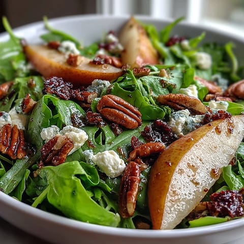 Arugula and Pear Bowl served with a light balsamic vinaigrette, highlighting vibrant greens and ripe, juicy pear slices.